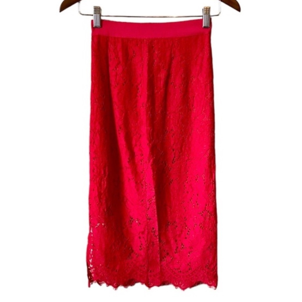 H&M Full Floral Lace High Rise Waist Formal Soft Pencil Midi Skirt Red